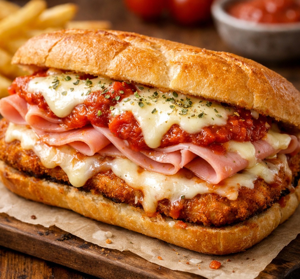 Sandwich de Suprema Napolitana con Jamón, Queso y Salsa